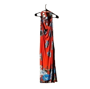 Women's Red‎ Tropical Floral Stretchy Silky Maxi Dress Medium